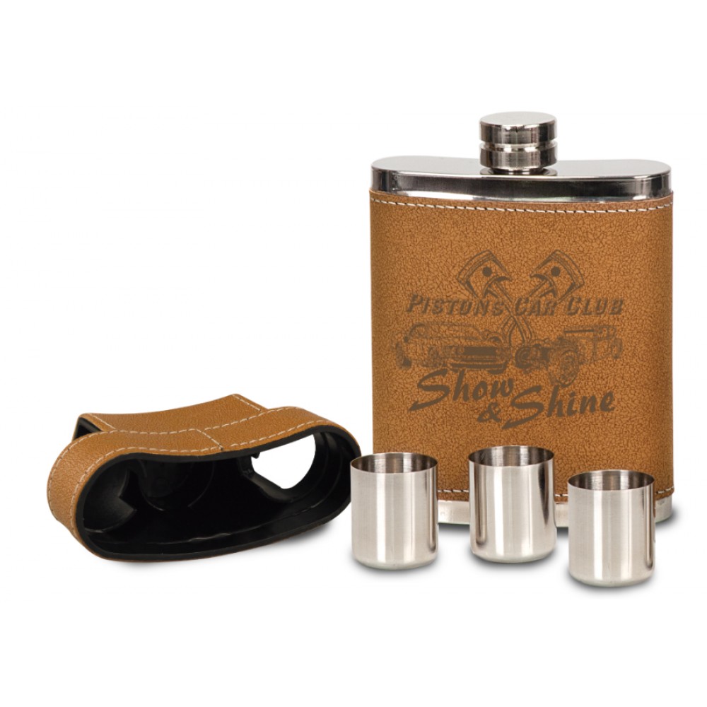 7 oz. Leather Flask with Lid & 3 Shot Glasses (Drinkware +)